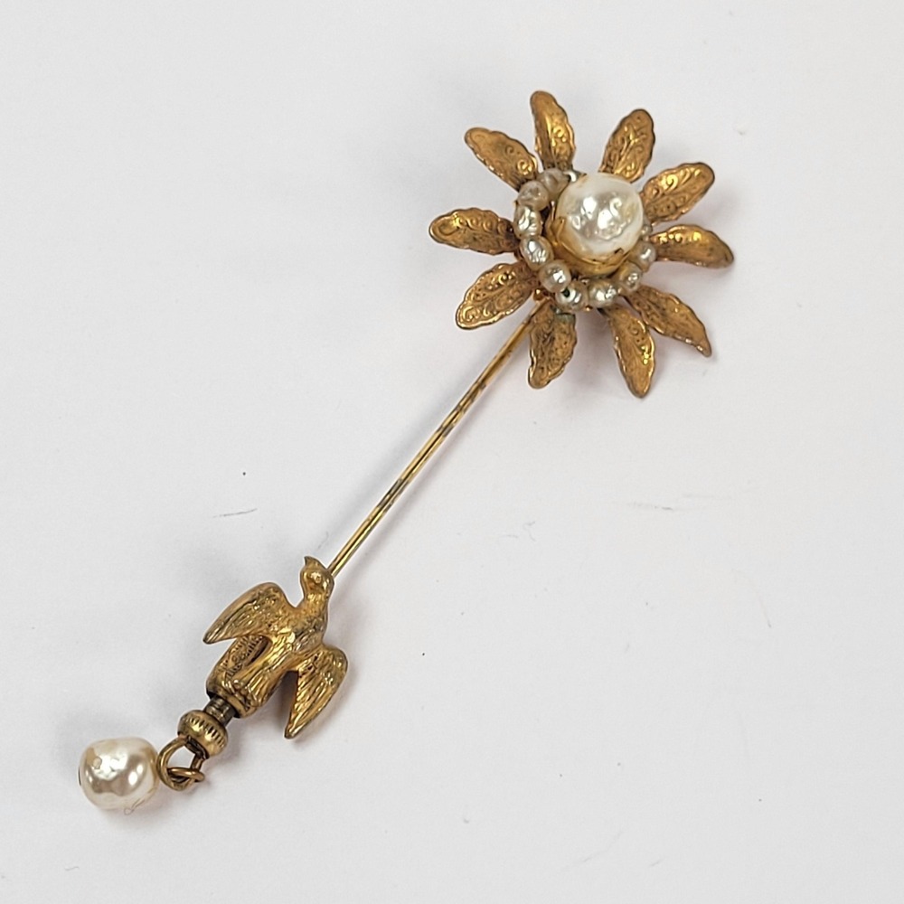 Vintage Floral Freshwater Pearl Eagle Stick Pin Gold Tone 3 In Jewelry